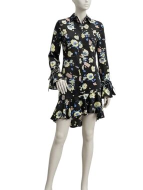 Derek Lam 10 Crosby Black 100% Silk Floral Print Long Sleeve Shirt Dress Womes 8